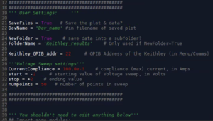 Screenshot of `Keithley I-V Sweep.py` User-settings