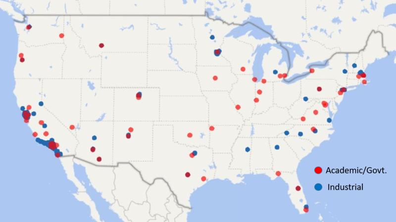 US Map of external institutions served by UCSB Nanotech 2006-2018