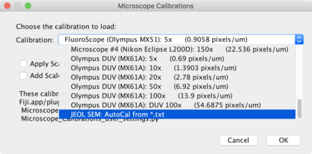 Screenshot of Drop-Down list of calibrations for UCSB microscopes.